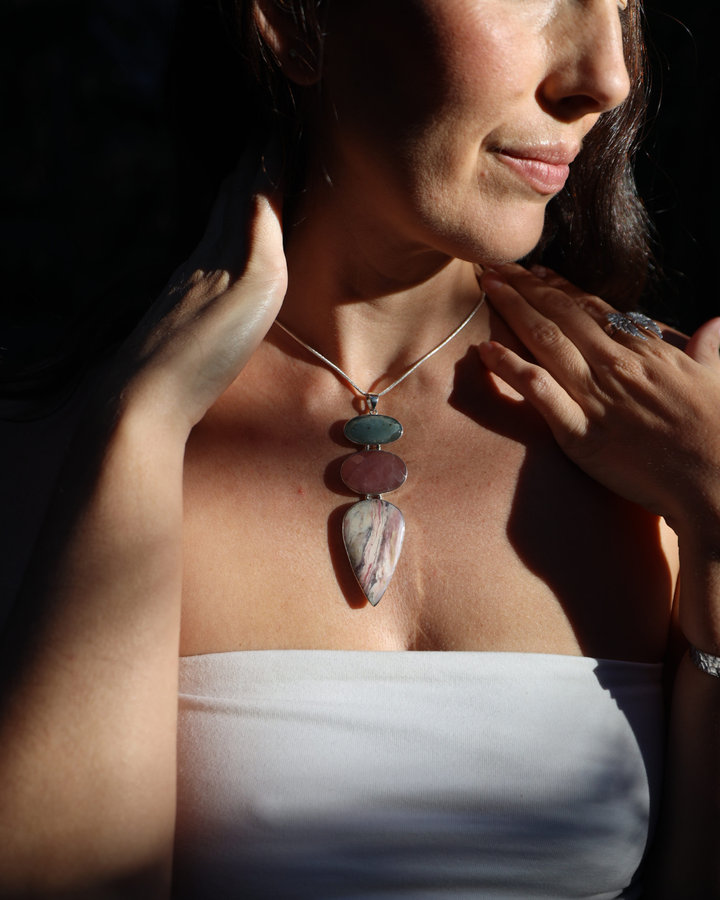 Pink Opal, Rose Quartz & Aquamarine Silver Pendant