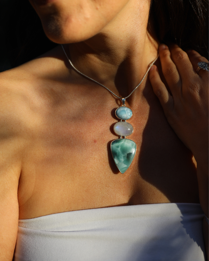 Hemimorphite, Rainbow Moonstone & Aquamarine Silver Pendant