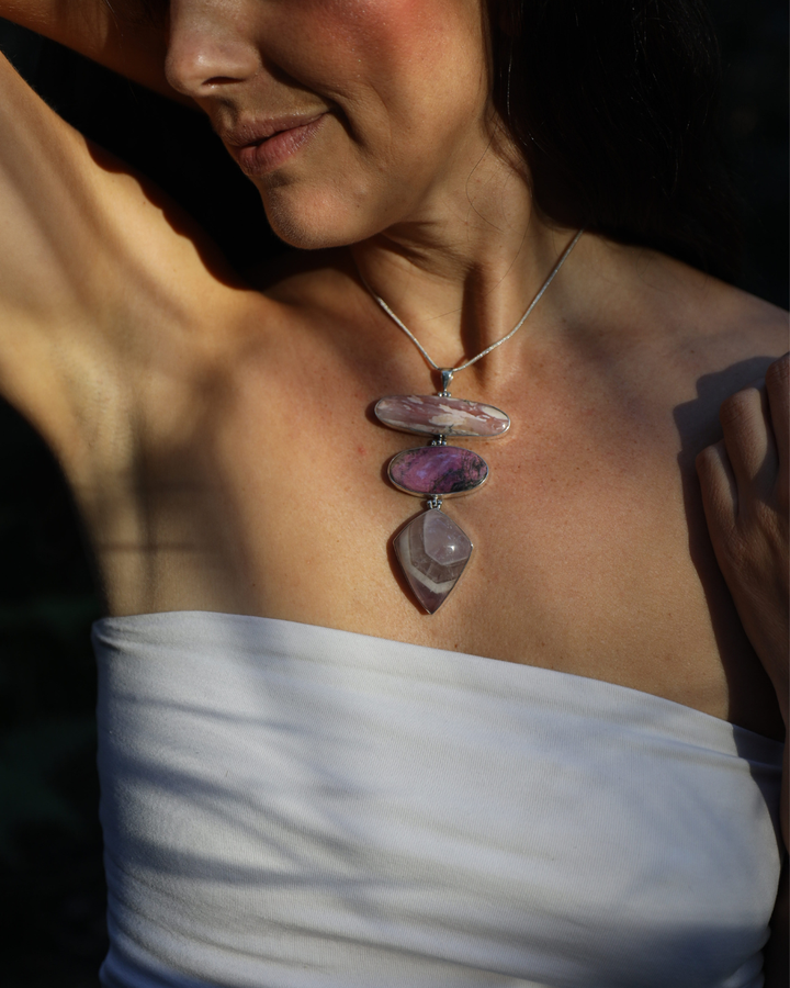 Amethyst, Cobalto Calcite & Pink Opal Silver Pendant