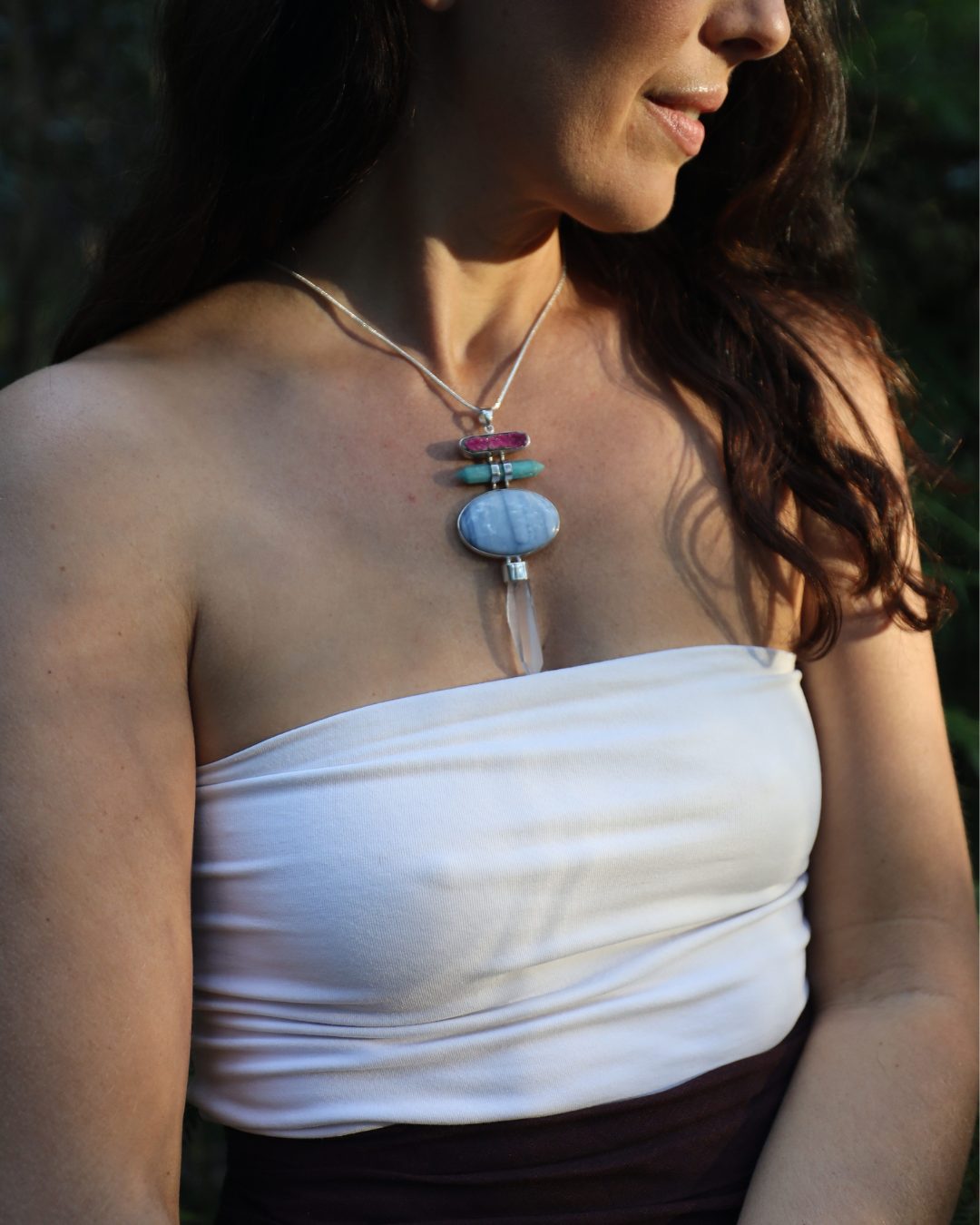 Lemurian, Blue Opal, Amazonite & Cobalto Calcite Silver Pendant