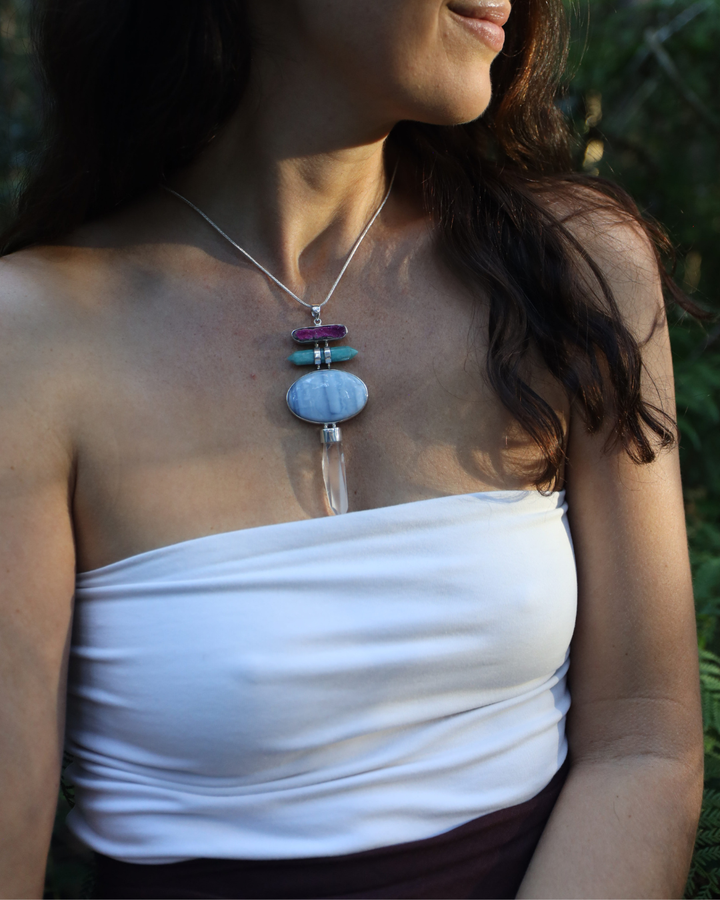 Lemurian, Blue Opal, Amazonite & Cobalto Calcite Silver Pendant