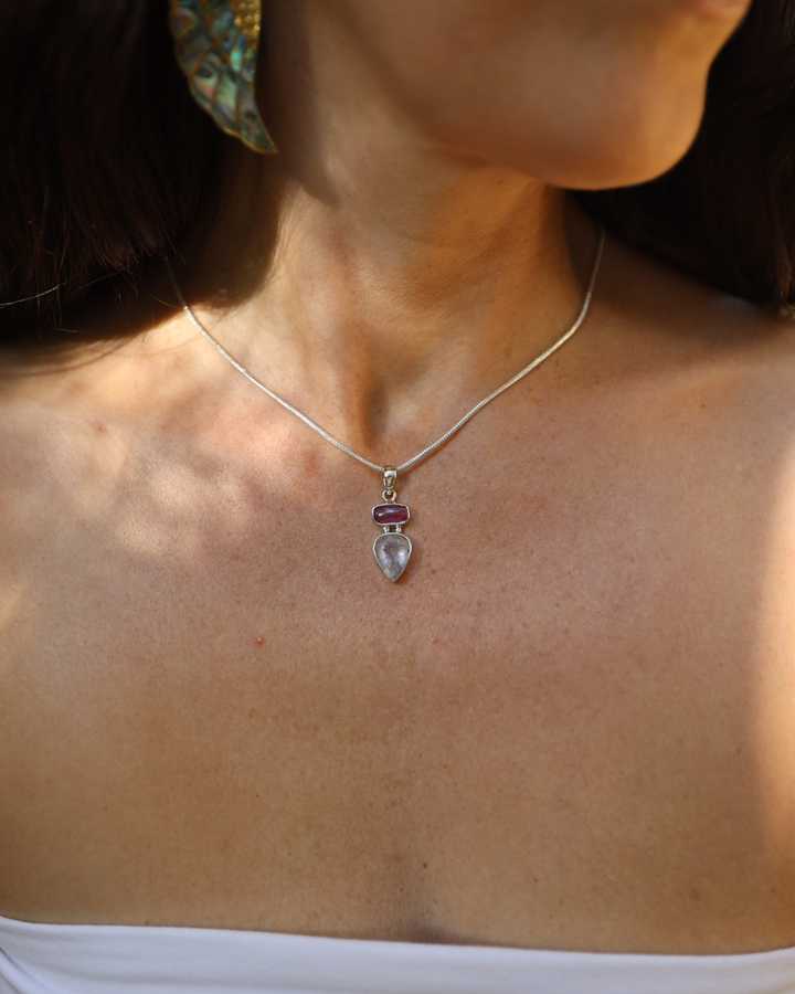 Pink Tourmaline & Super 7 Silver Pendant
