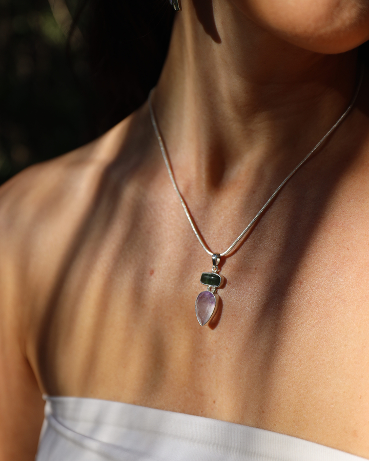 Green Tourmaline & Super 7 Silver Pendant