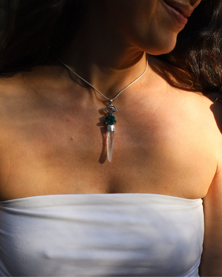 Lemurian, Dioptase & Herkimer Diamond Silver Pendant