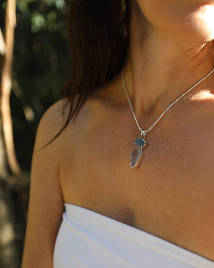 Aquamarine & Super 7 Silver Pendant
