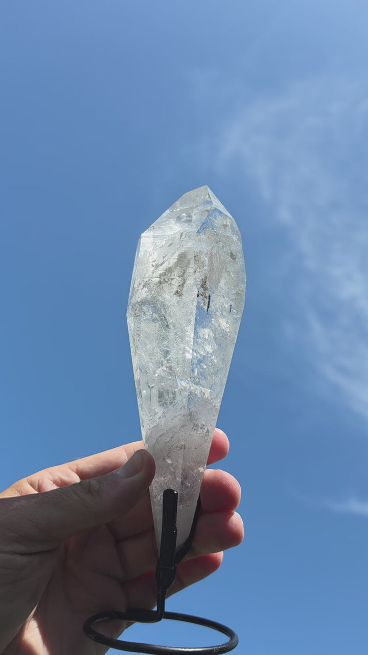 Lemurian with Black Chlorite Phantom Quartz with Metal Stand - Ancient Wisdom