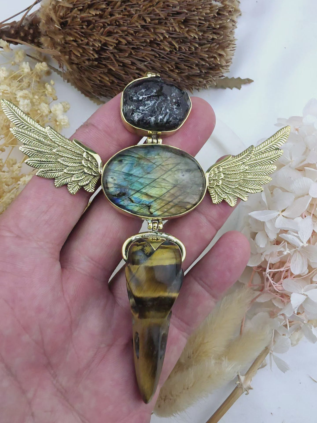 Apache Tear, Labradorite & Tigers Eye Raven Skull Anahata Brass Pendant