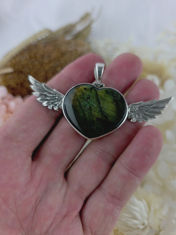 Labradorite Heart Winged Silver Pendant