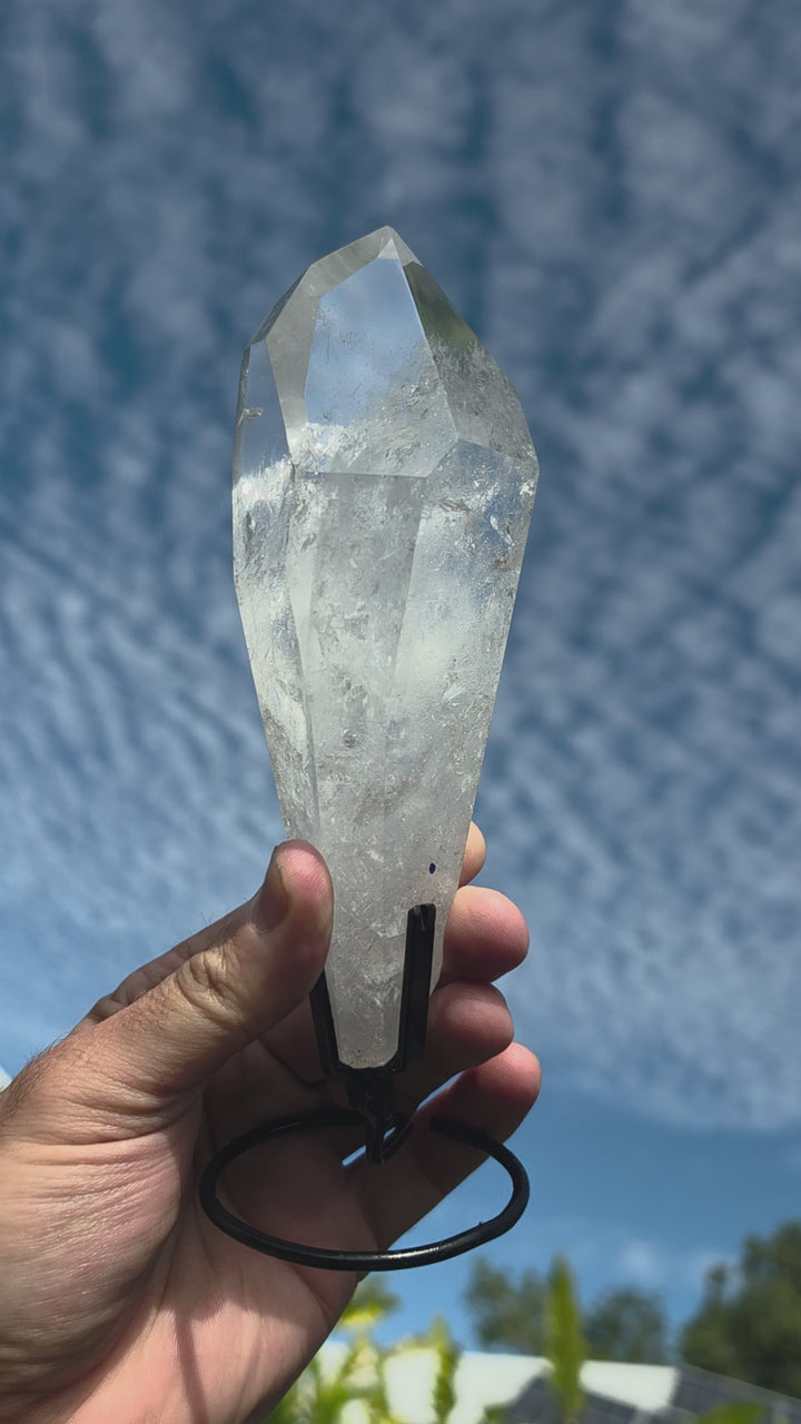 Lemurian Seed with Black Chlorite Phantom Quartz with Metal Stand