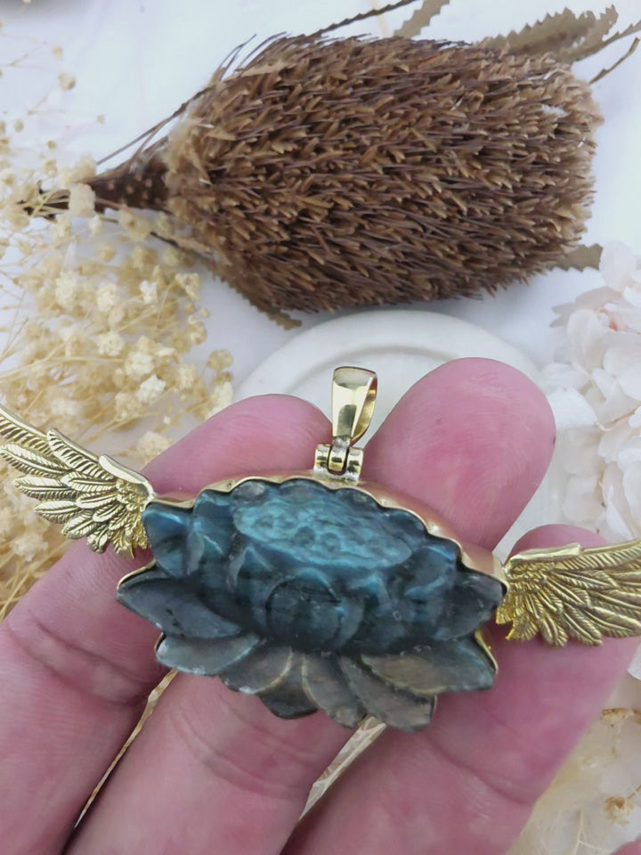 Labradorite Lotus Anahata Brass Pendant