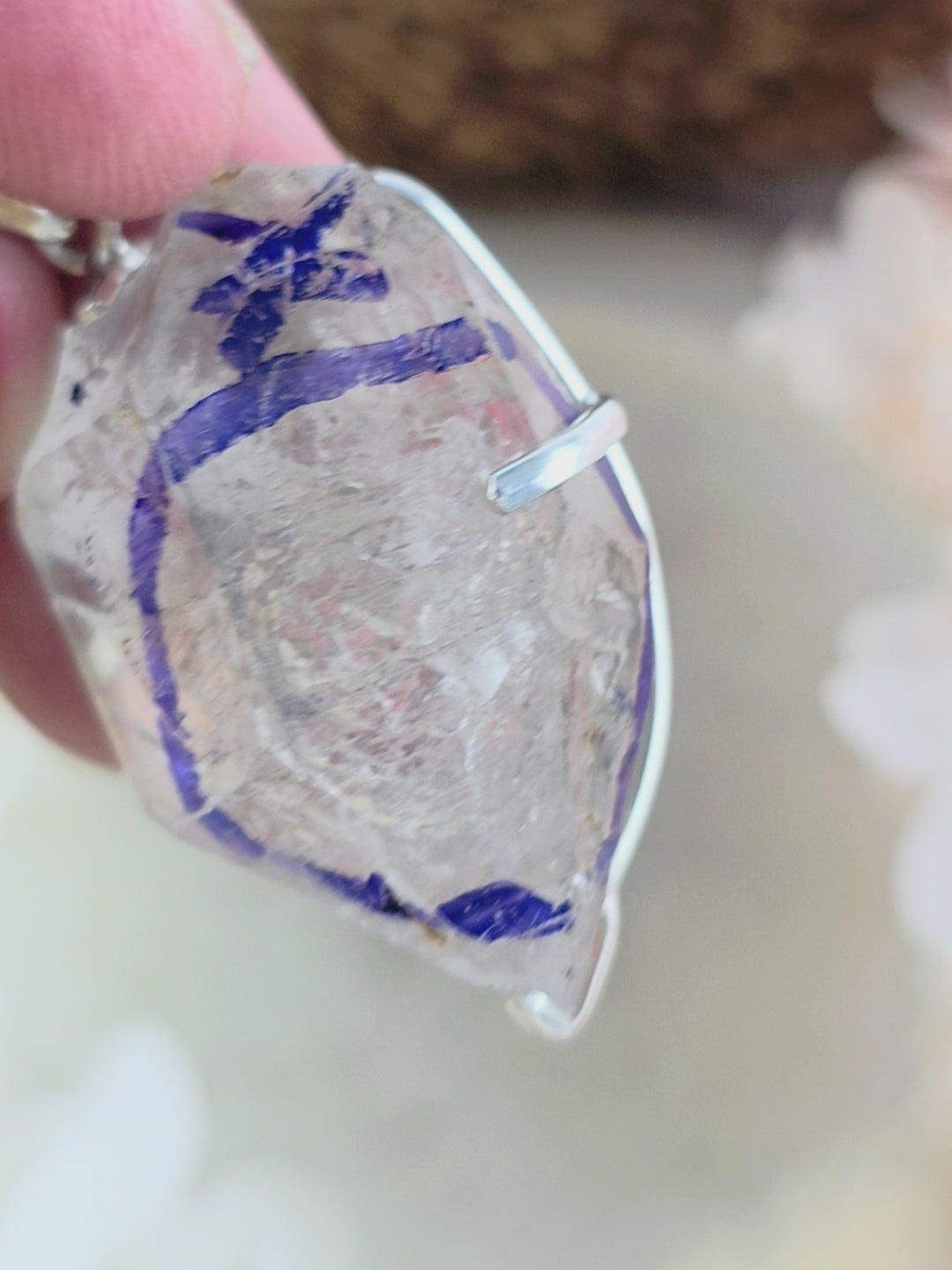 Clear Quartz with Enhydro Bubble Double Terminator Silver Pendant