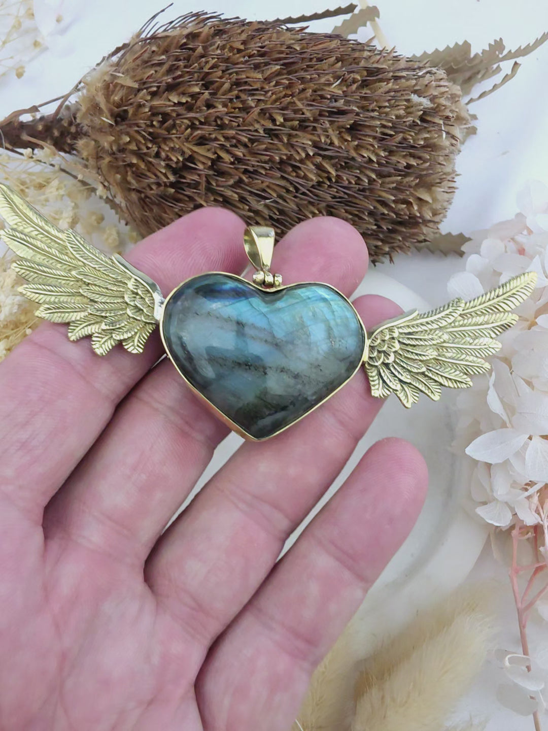 Labradorite Heart Anahata Brass Pendant