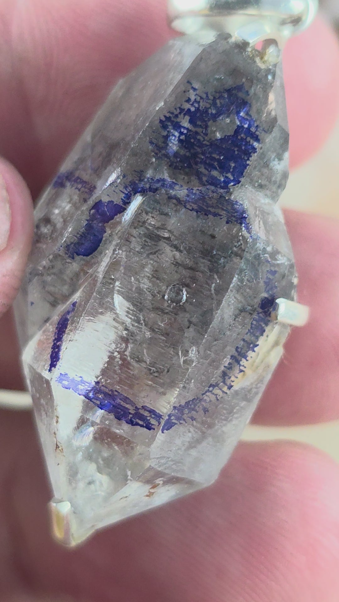 Clear Quartz with Enhydro 3 Moving Bubbles Double Terminator Silver Pendant