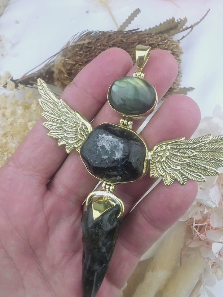 Apache Tear & Labradorite Raven Skull Anahata Brass Pendant