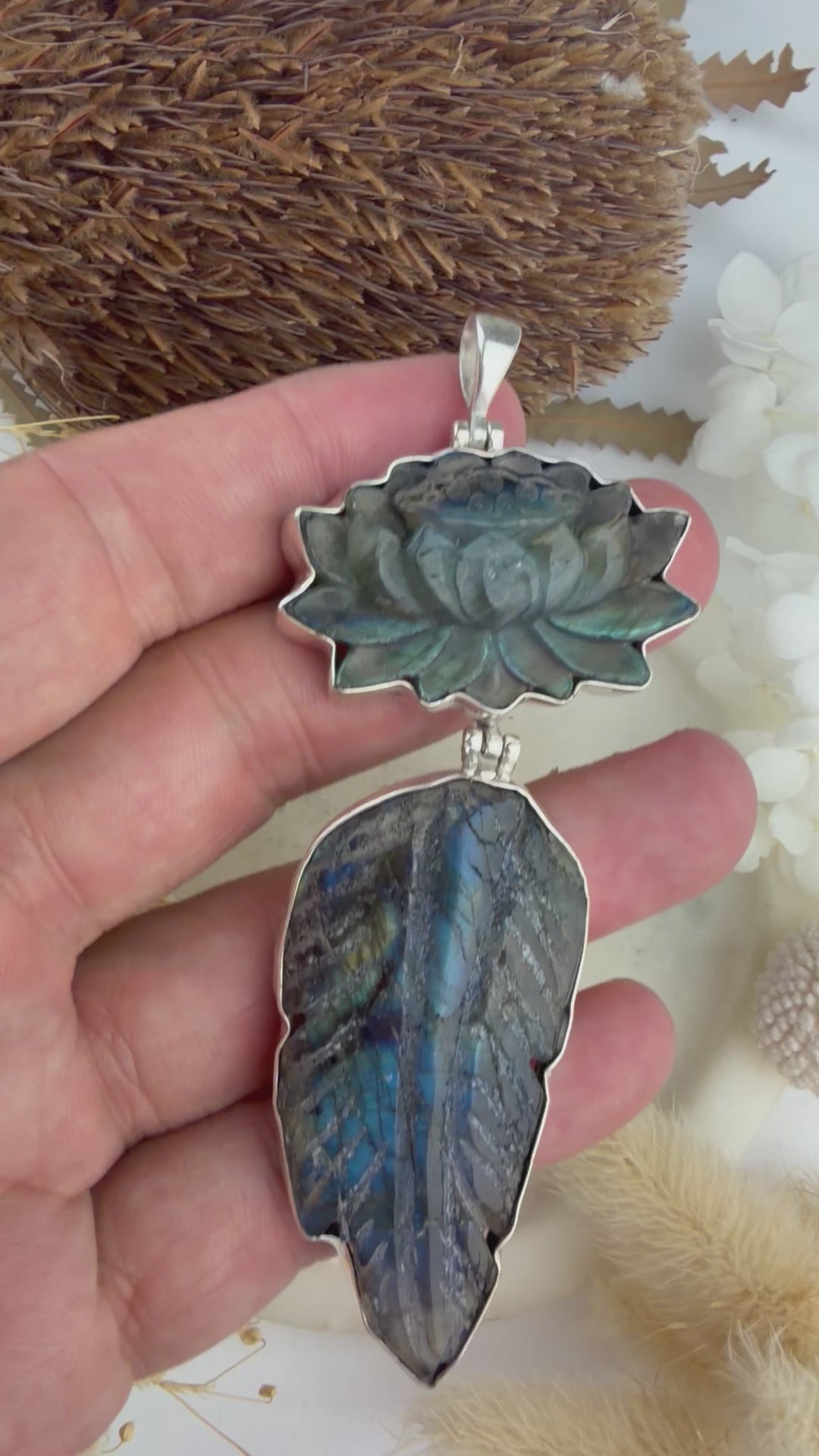 Labradorite Lotus Feather Silver Pendant
