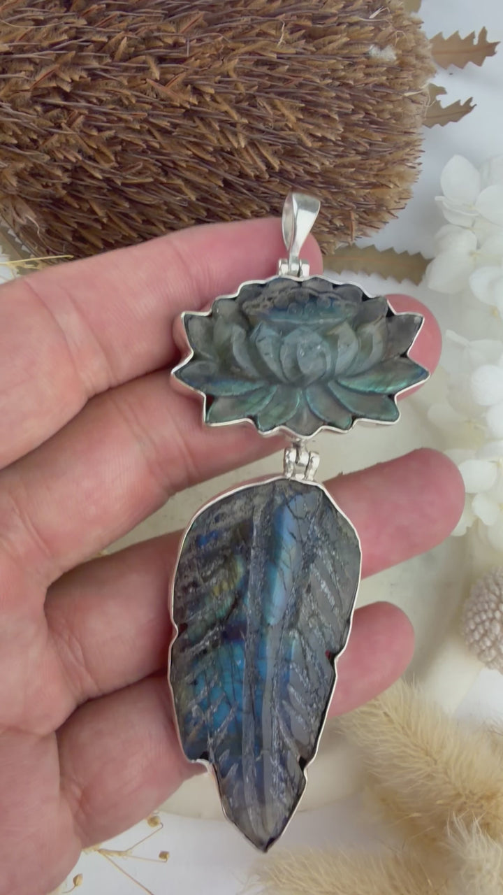 Labradorite Lotus Feather Silver Pendant