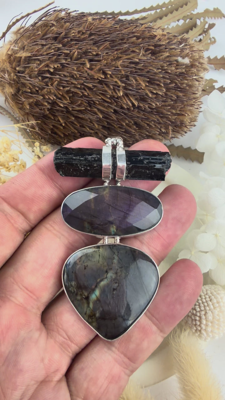 Labradorite, Pink Labradorite & Aegirine Silver Pendant
