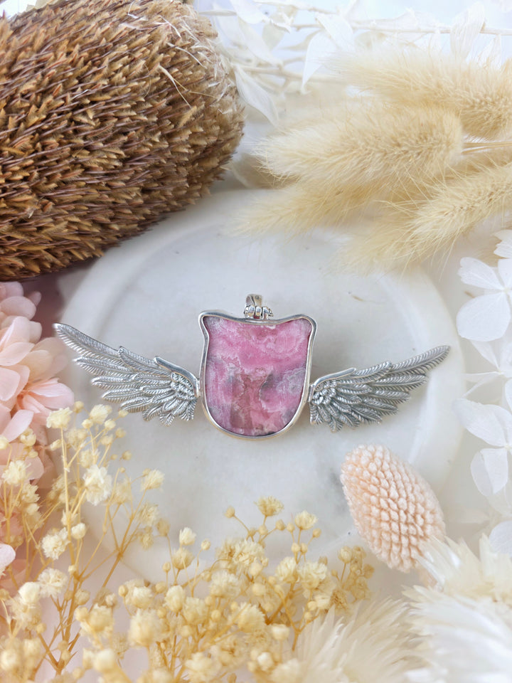 Rhodochrosite Owl with Silver Wings Pendant