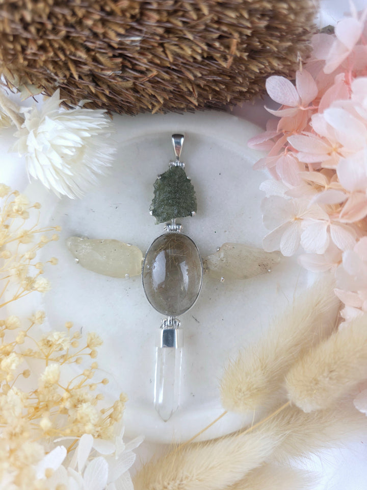 Moldavite, Libyan Desert Glass, Rutilated & Clear Quartz Silver Pendant