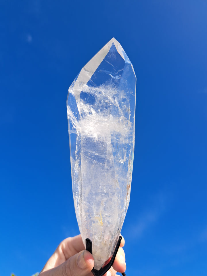 Lemurian Seed Laser Double Terminator Twin Quartz In Metal Stand