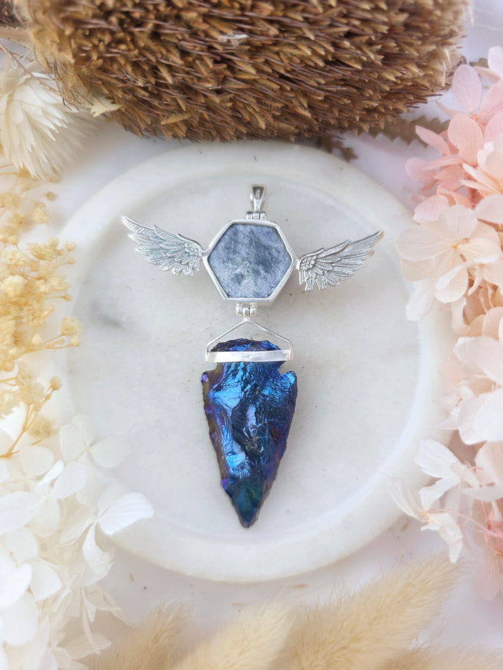 Cobalt Aura Arrowhead & Sapphire Winged Goddess Silver Pendant