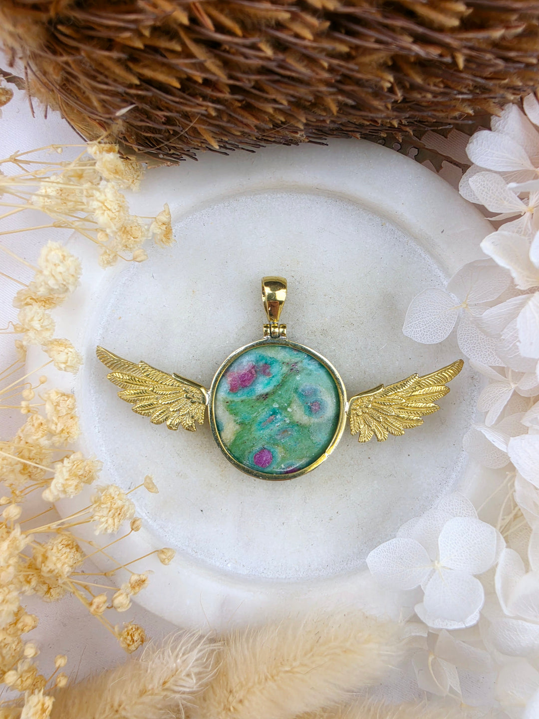 Ruby Fucshite Anahata Brass Pendant