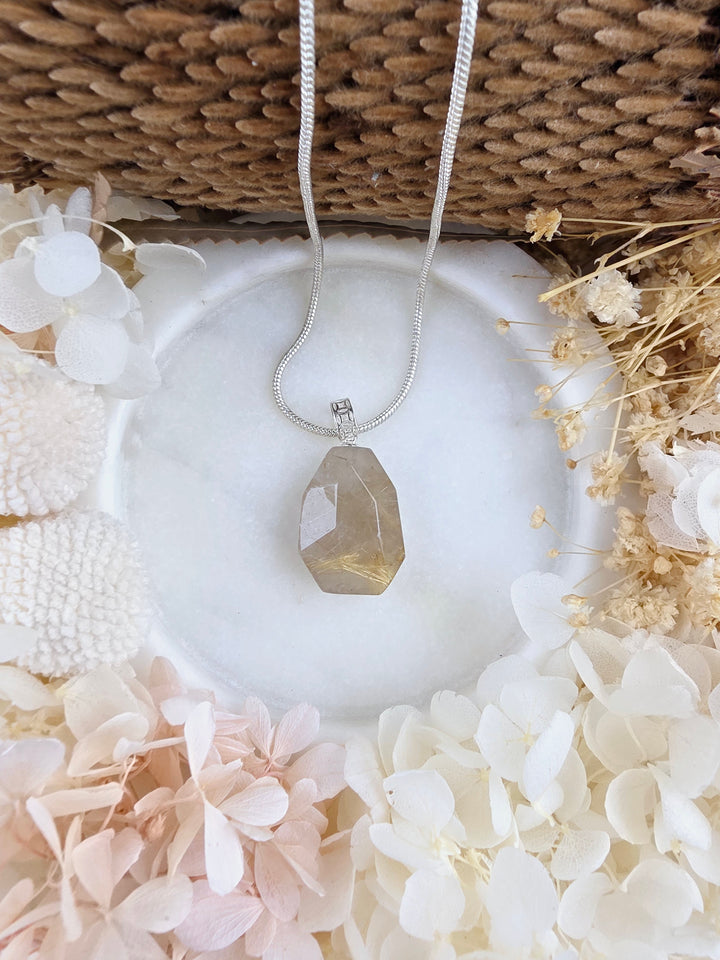 Rutilated Quartz Faceted Silver Pendant - Illuminated