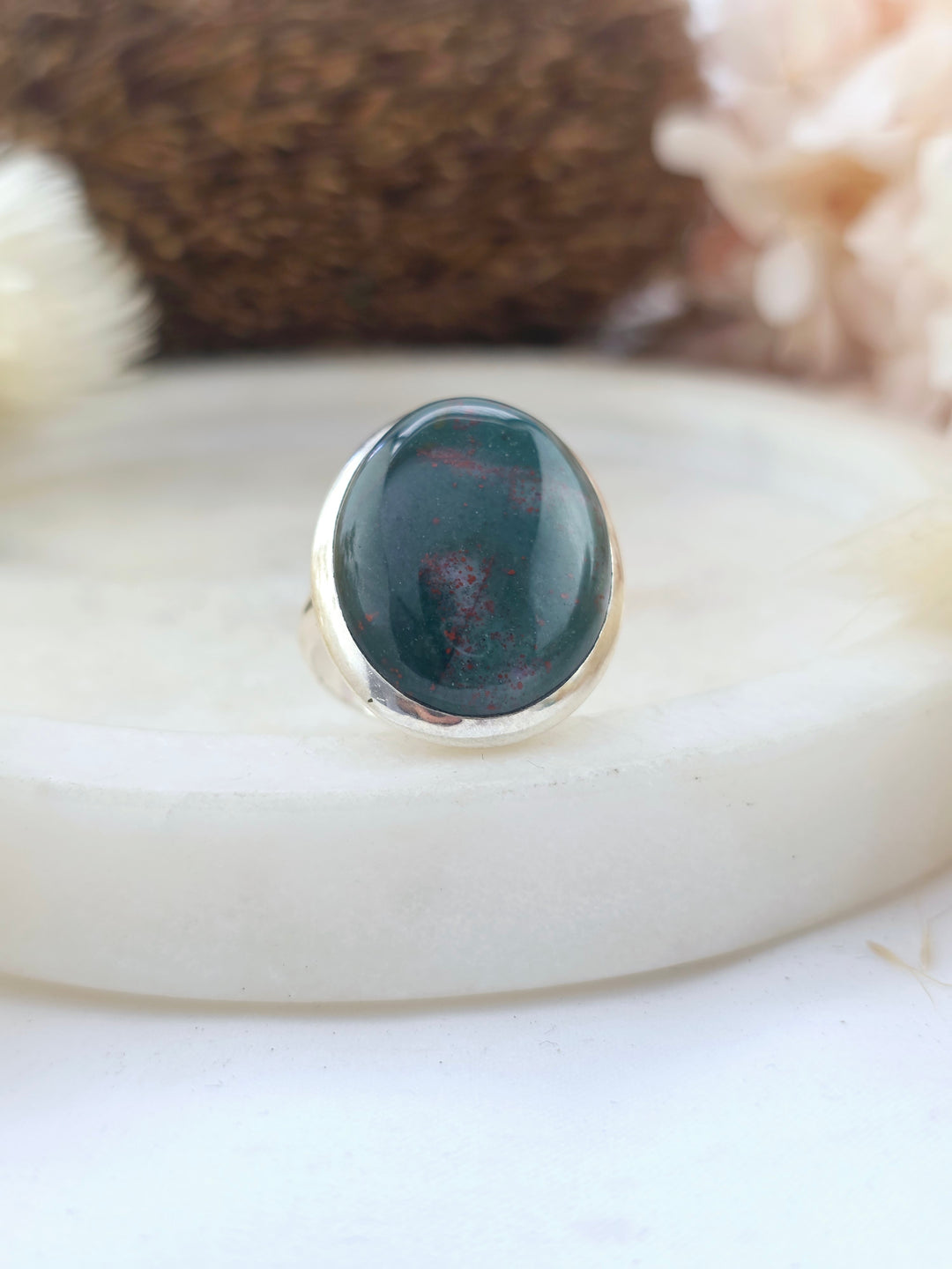 Bloodstone Jasper Silver Ring - Size 8