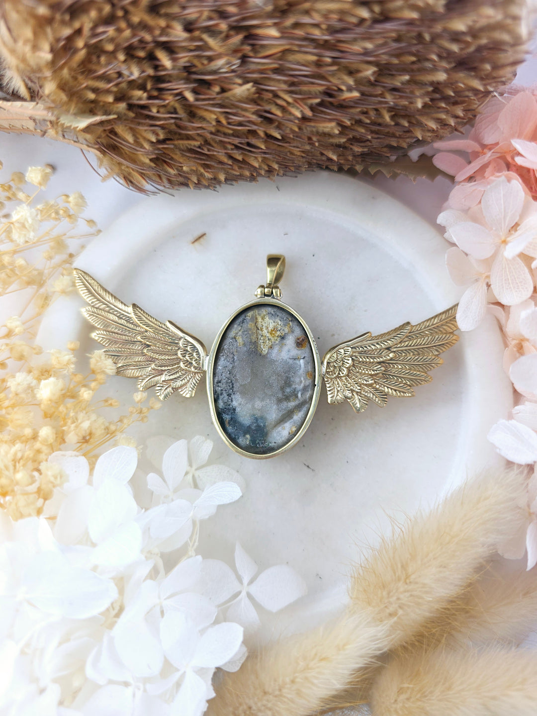 Amethyst Cluster Winged Goddess Brass Pendant
