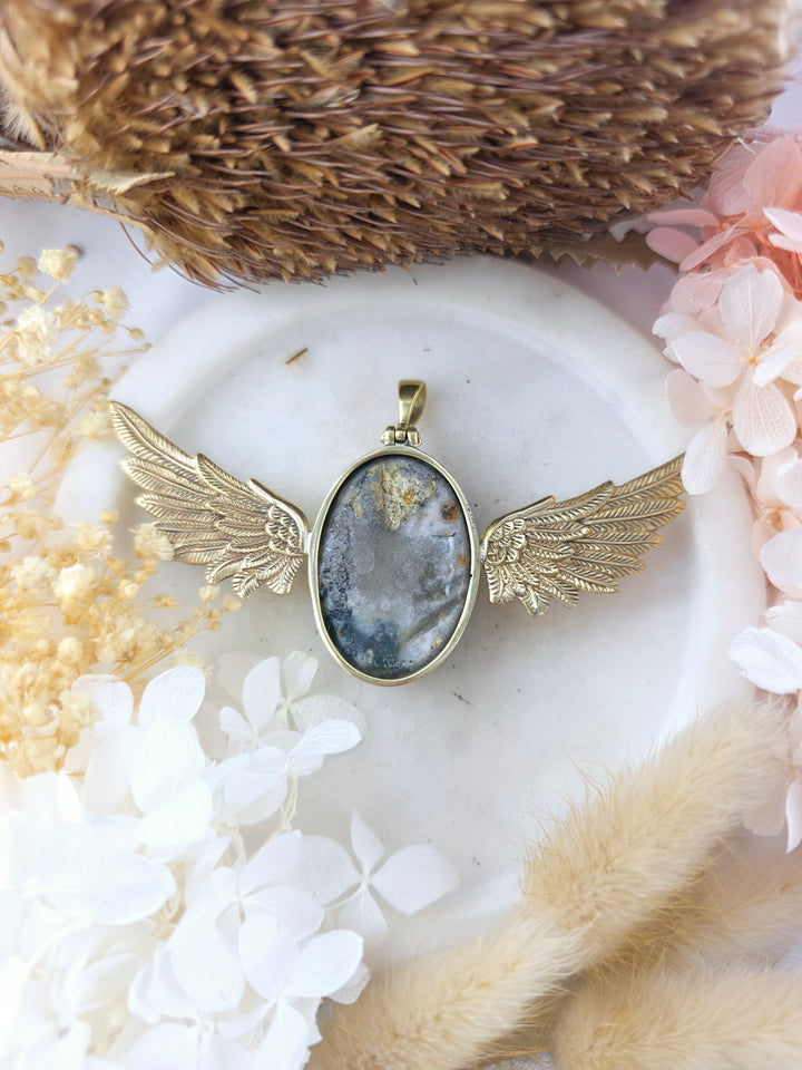 Amethyst Cluster Winged Goddess Brass Pendant