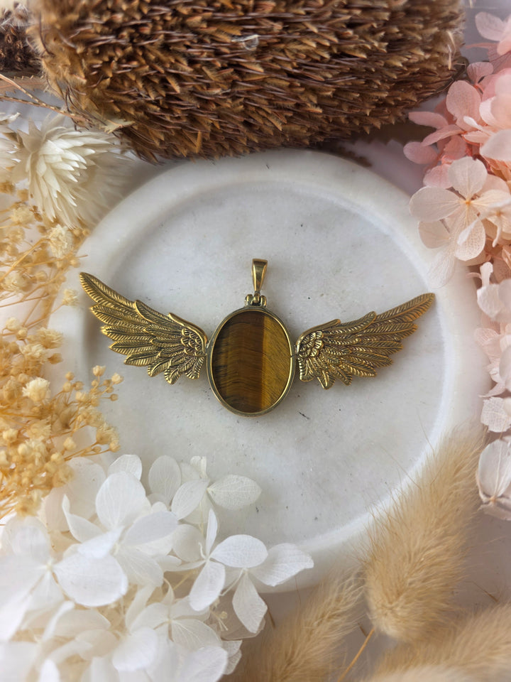 Tigers Eye Winged Brass Goddess Pendant
