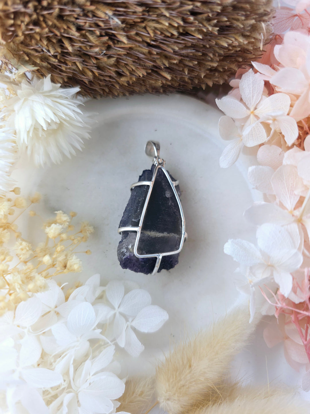 Purple Cubic Fluorite Natural Silver Pendant