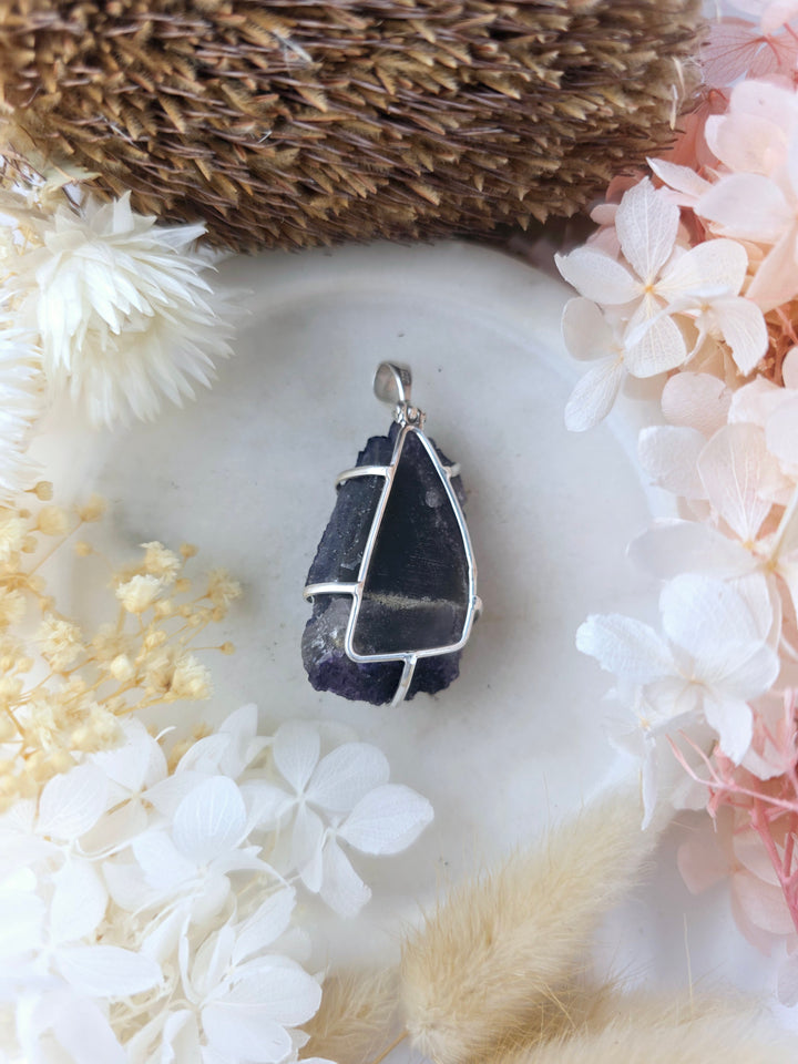 Purple Cubic Fluorite Natural Silver Pendant
