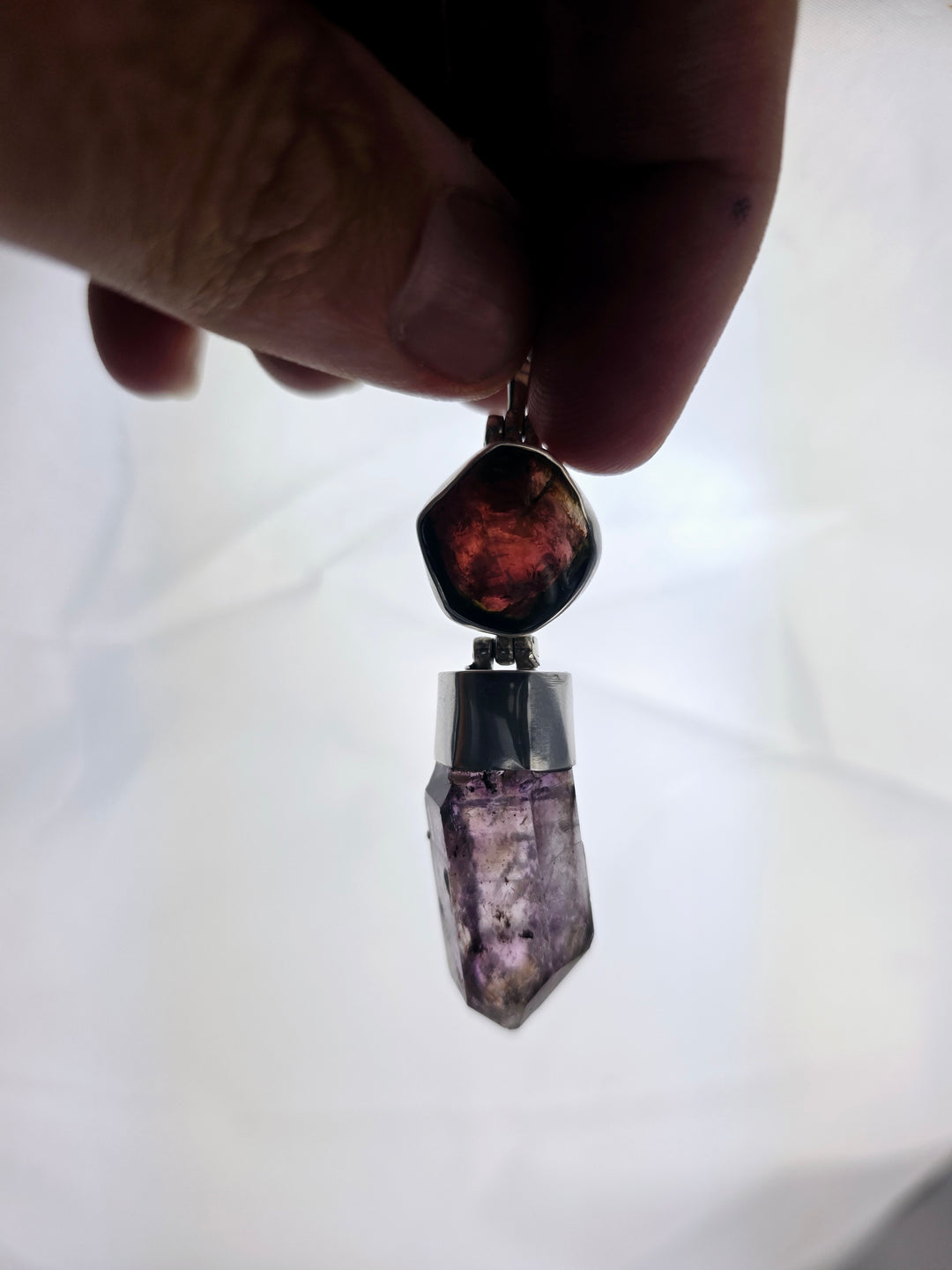 Brandberg Amethyst Enhydro (Non-Moving Bubble) & Watermelon Tourmaline Silver Pendant