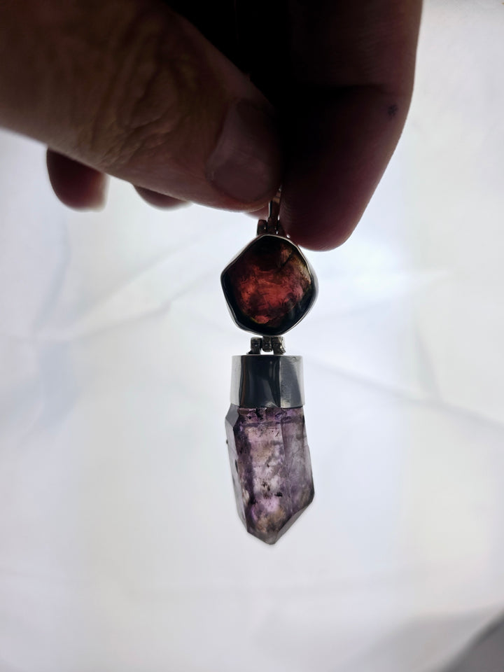 Brandberg Amethyst Enhydro (Non-Moving Bubble) & Watermelon Tourmaline Silver Pendant