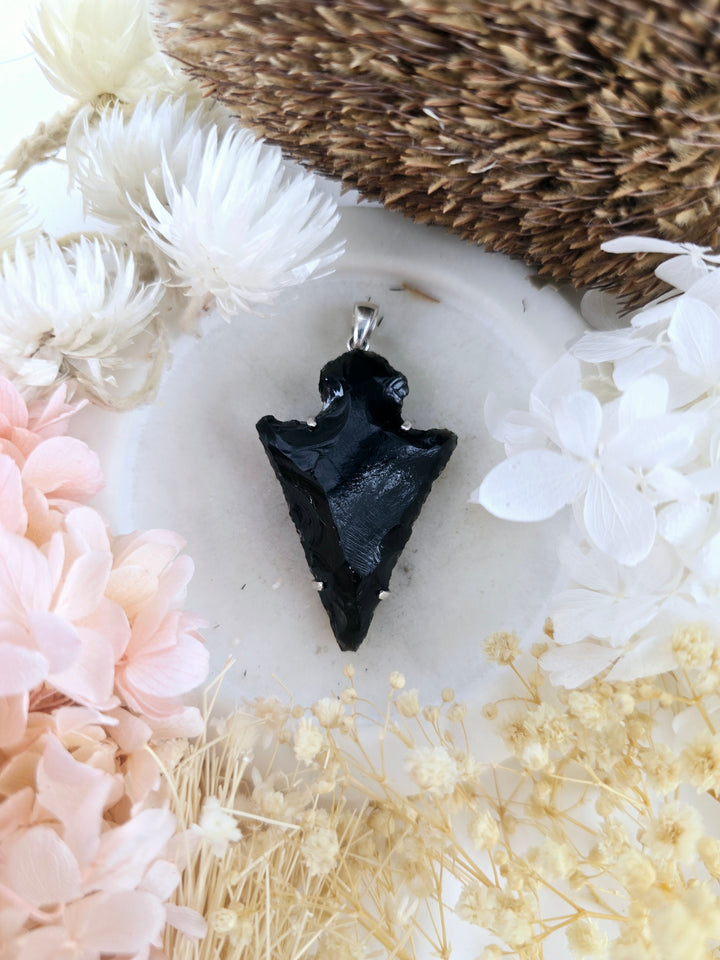 Black Obsidian Arrowhead Silver Pendant