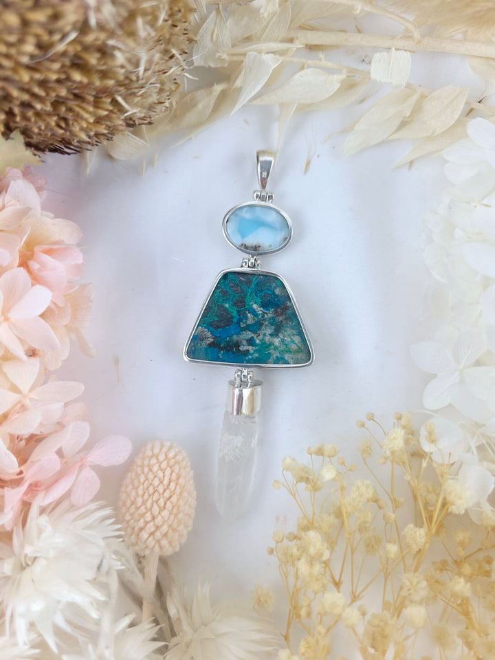 Larimar, Chrysocolla & Clear Quartz Silver Pendant