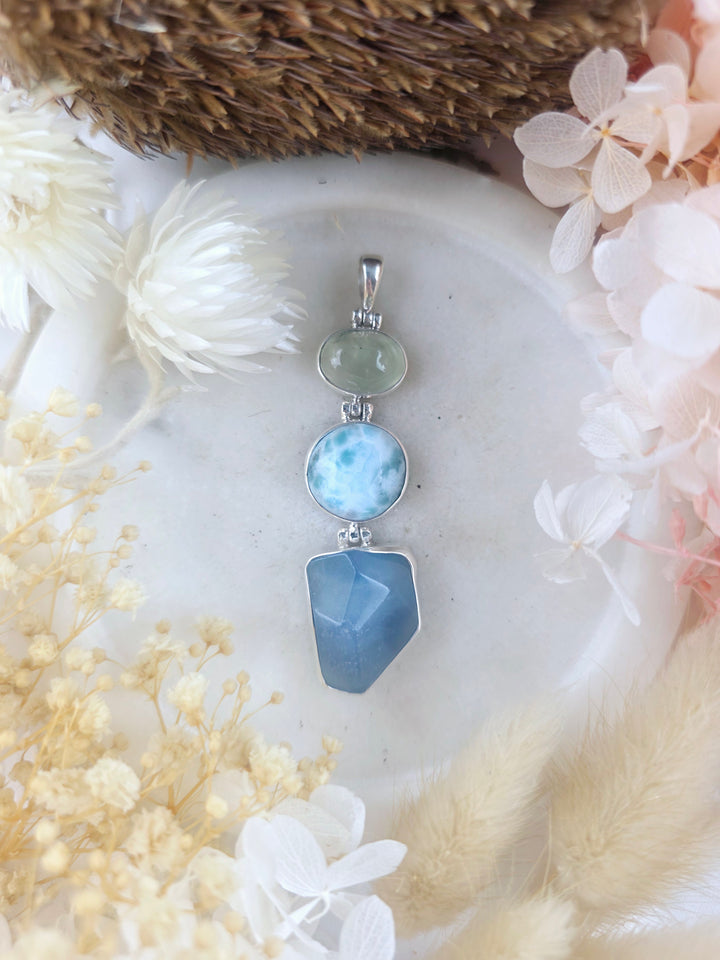 Aquamarine, Prehnite & Larimar Silver Pendant