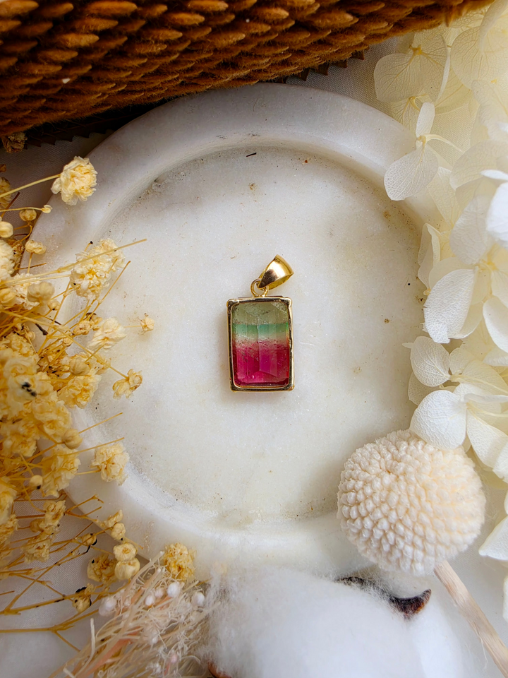 Pink & Green Bi-Coloured Tourmaline Pendant - 18k Solid Gold
