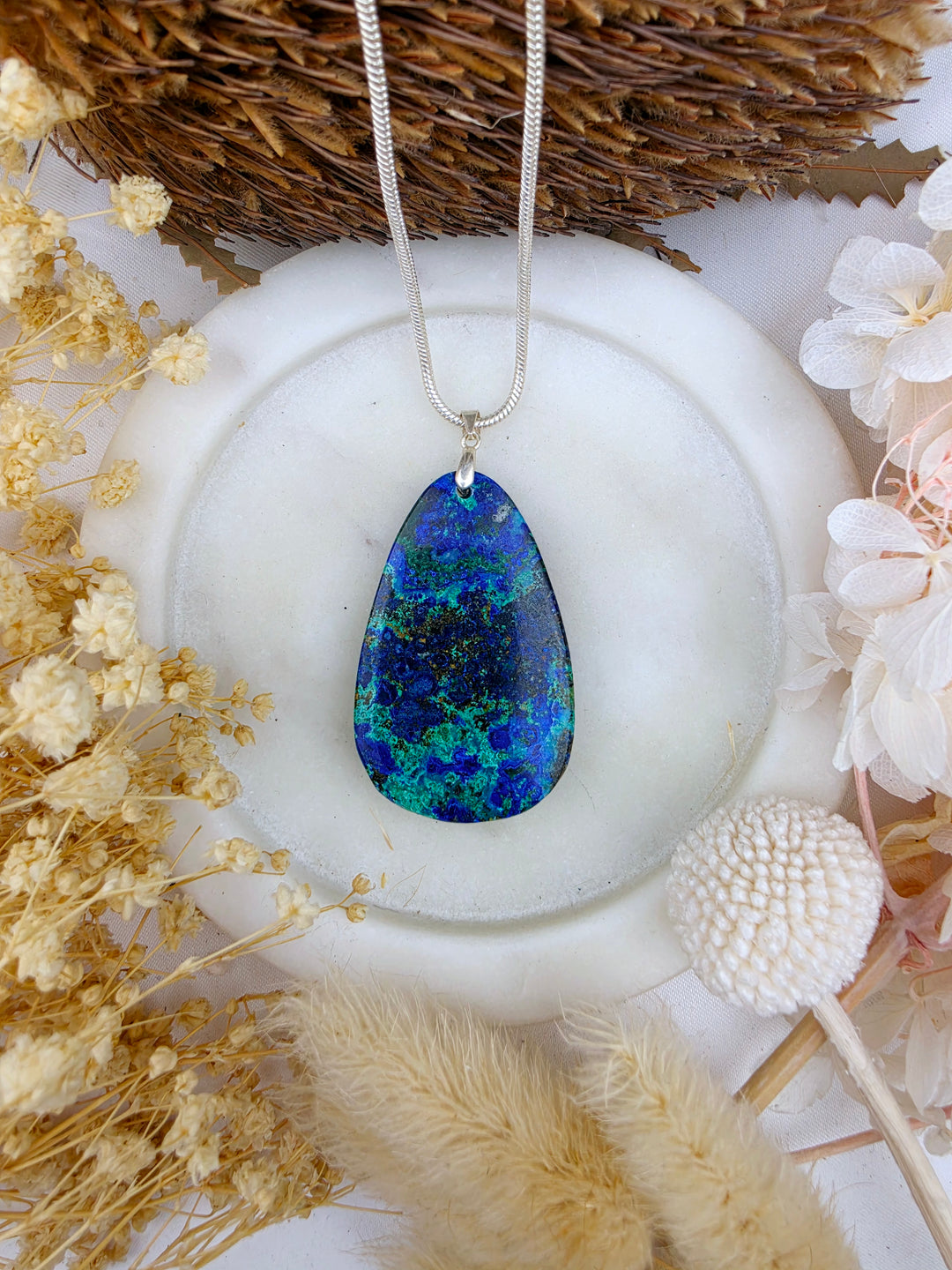 Azurite Malachite Tear Drop Silver Pendant