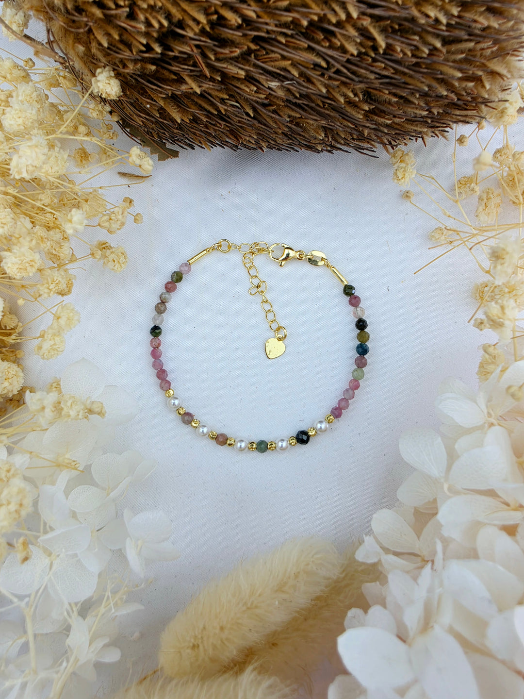 Watermelon Tourmaline Faceted Pearl Bracelet - 4mm (Adjustable Chain)