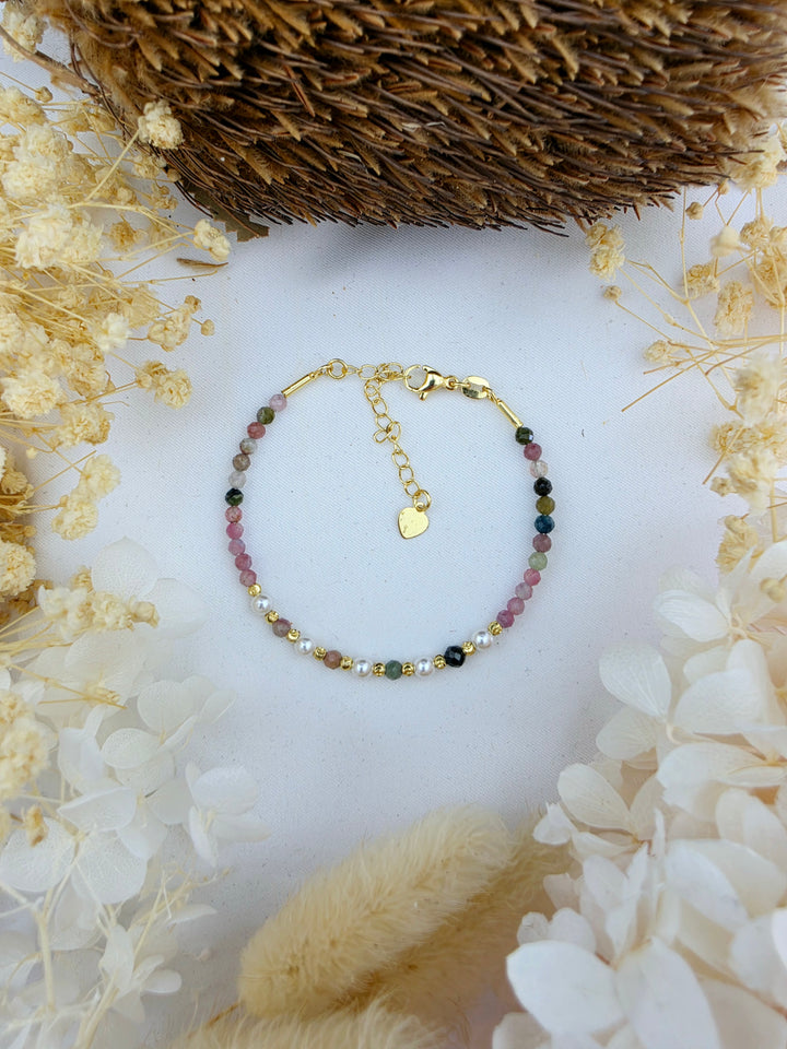 Watermelon Tourmaline Faceted Pearl Bracelet - 4mm (Adjustable Chain)