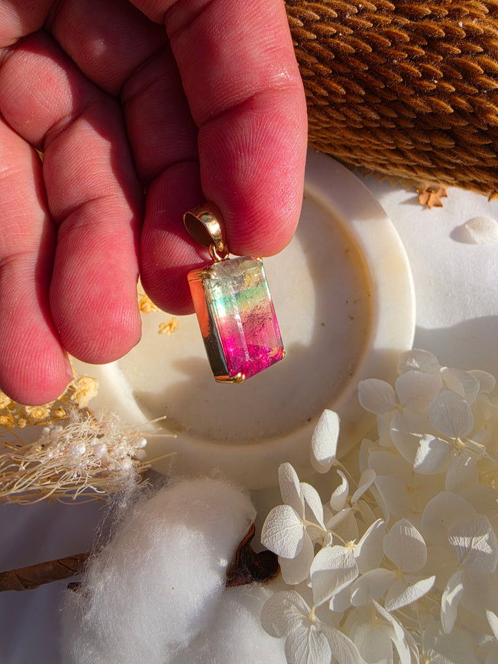 Pink & Green Bi-Coloured Tourmaline Pendant - 18k Solid Gold