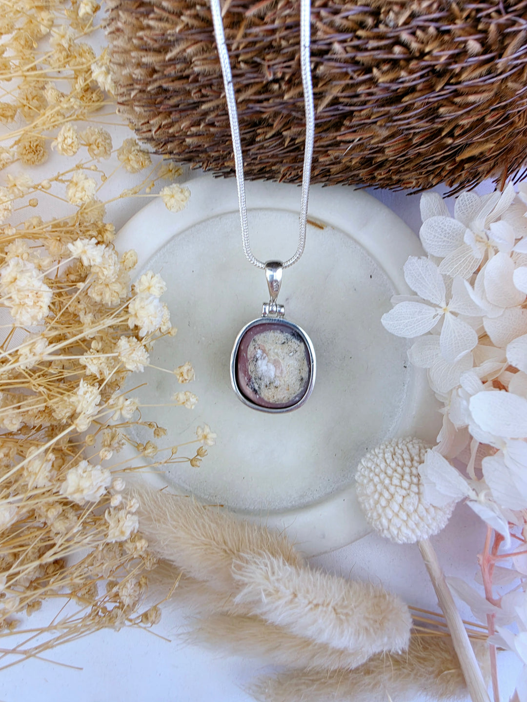 Pink Opal Tumbled Silver Pendant