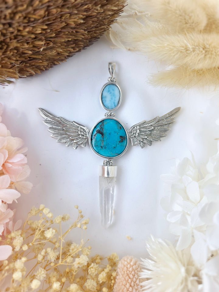 Larimar, Turquoise & Lemurian Quartz Goddess Wand Silver Pendant