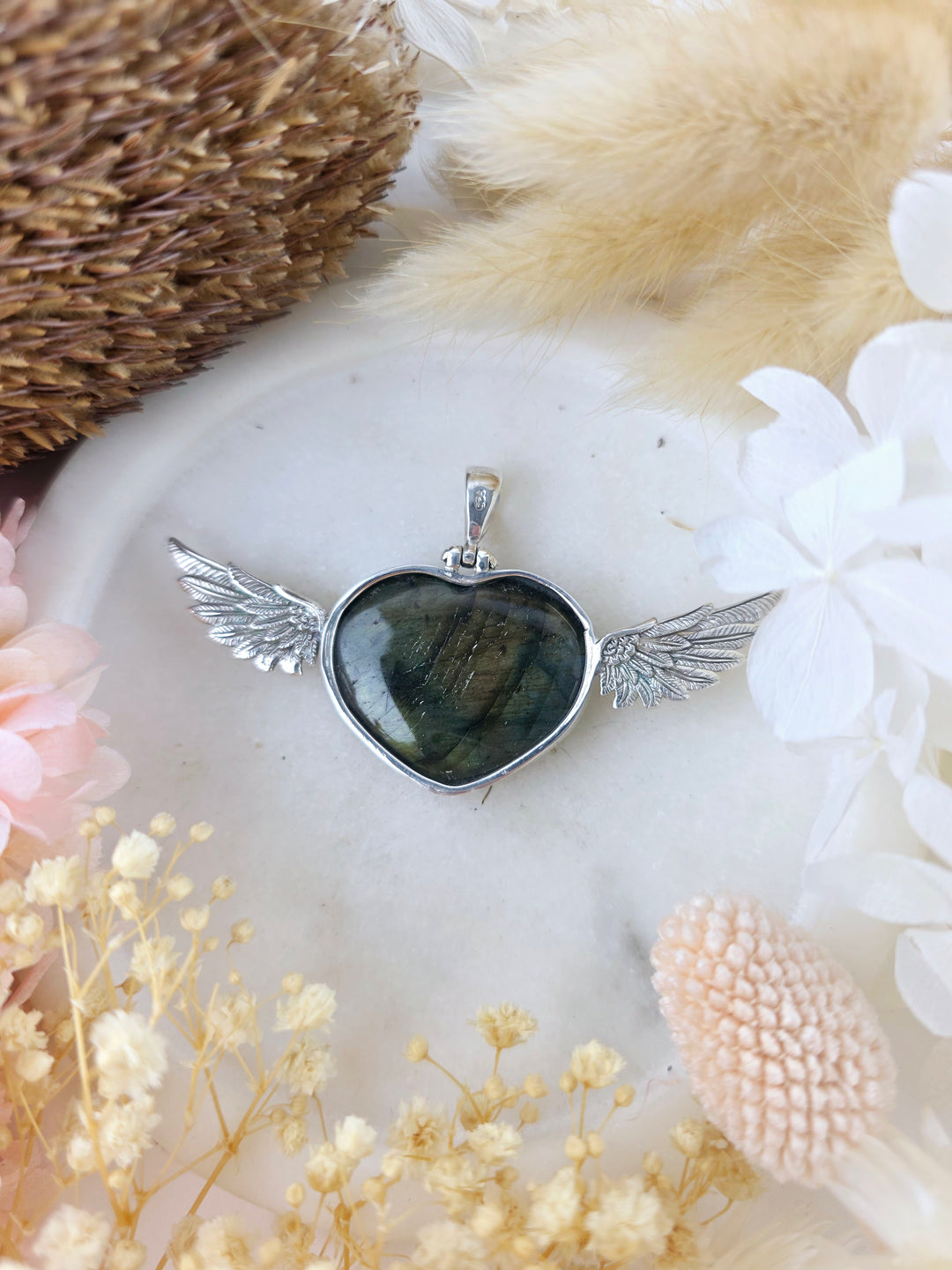 Labradorite Heart Winged Silver Pendant