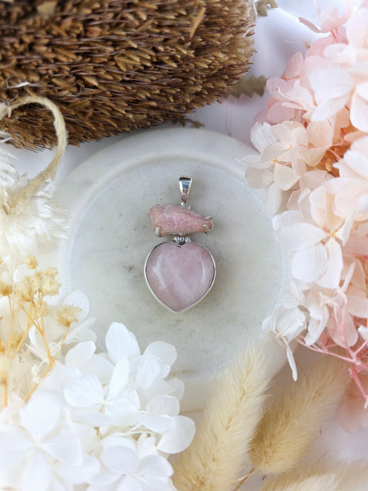 Rose Quartz Heart & Pink Opal Raw Silver Pendant