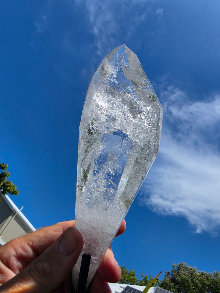 Lemurian with Black Chlorite Phantom Quartz with Metal Stand - Ancient Wisdom