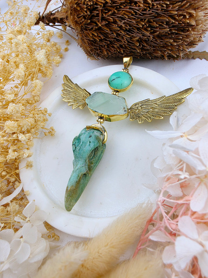 Fuchsite Raven, Green Calcite & Chrysoprase Anahata Brass Pendant
