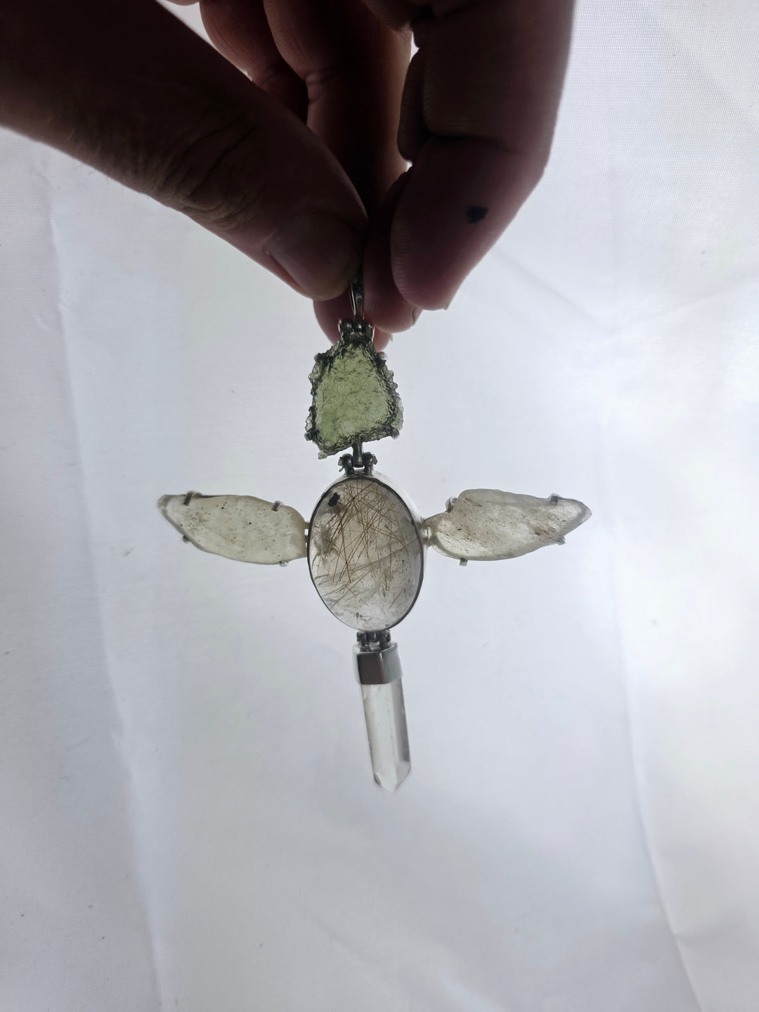 Moldavite, Libyan Desert Glass, Rutilated & Clear Quartz Silver Pendant